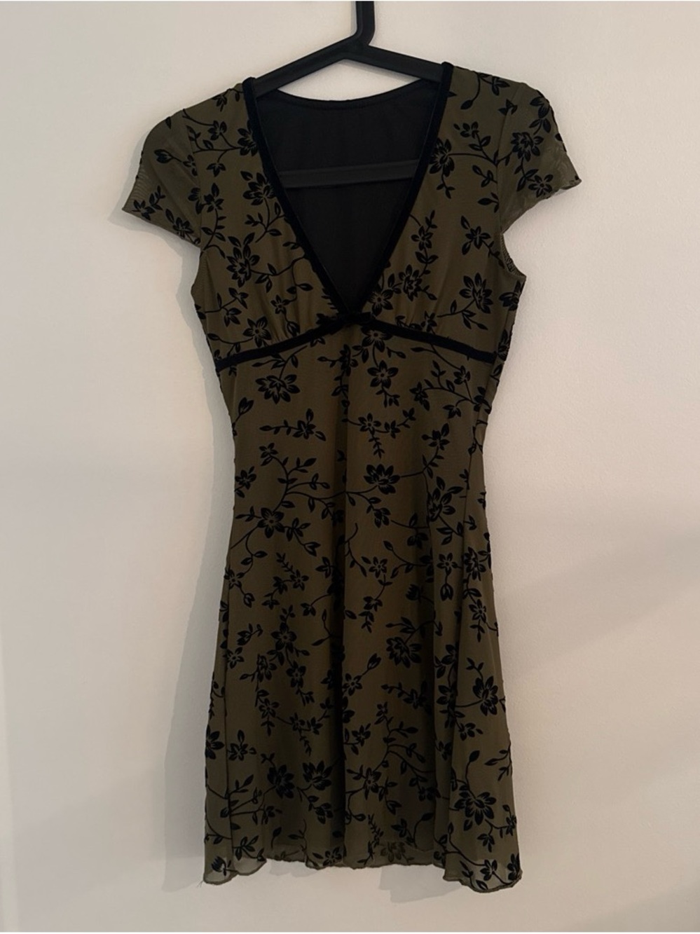 Olive Green Floral Mesh V-Neck Mini Dress